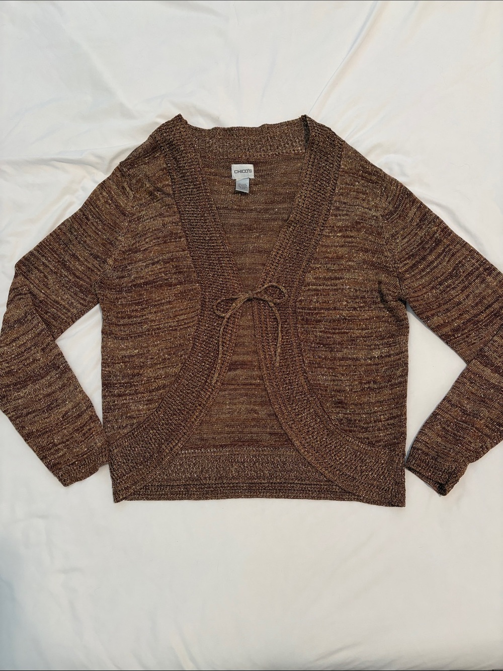 Chico’s Metallic Gold Shimmer Tie Front Cardigan Sweater Size 3 XL